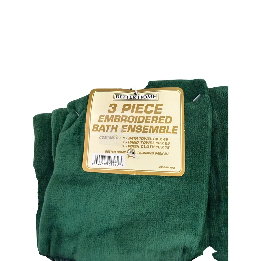 VTG Better Home 3 Piece Embroidered Bath Ensemble Towel Set Green Burgundy Peach